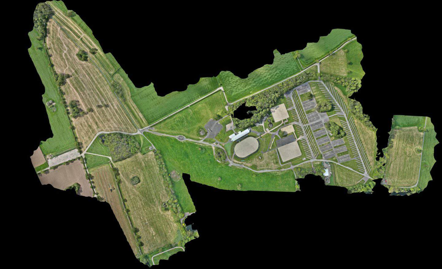 Stitched orthomosaic aerial map of a large estate produced from drone survey photogrammetry data