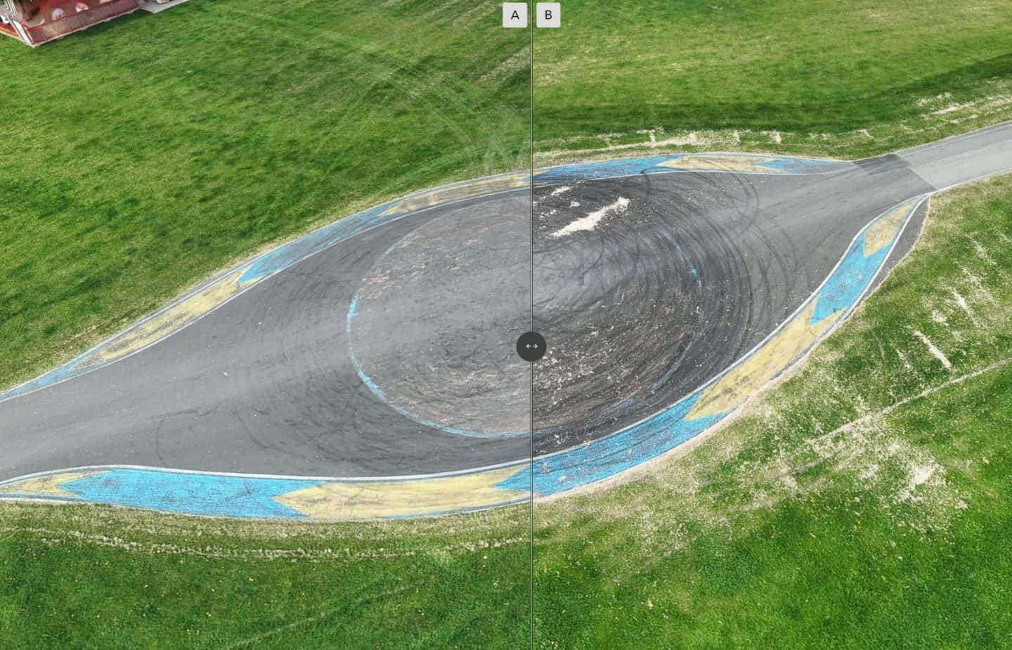 Side-by-side comparison slider showing two drone survey captures of the same site over time